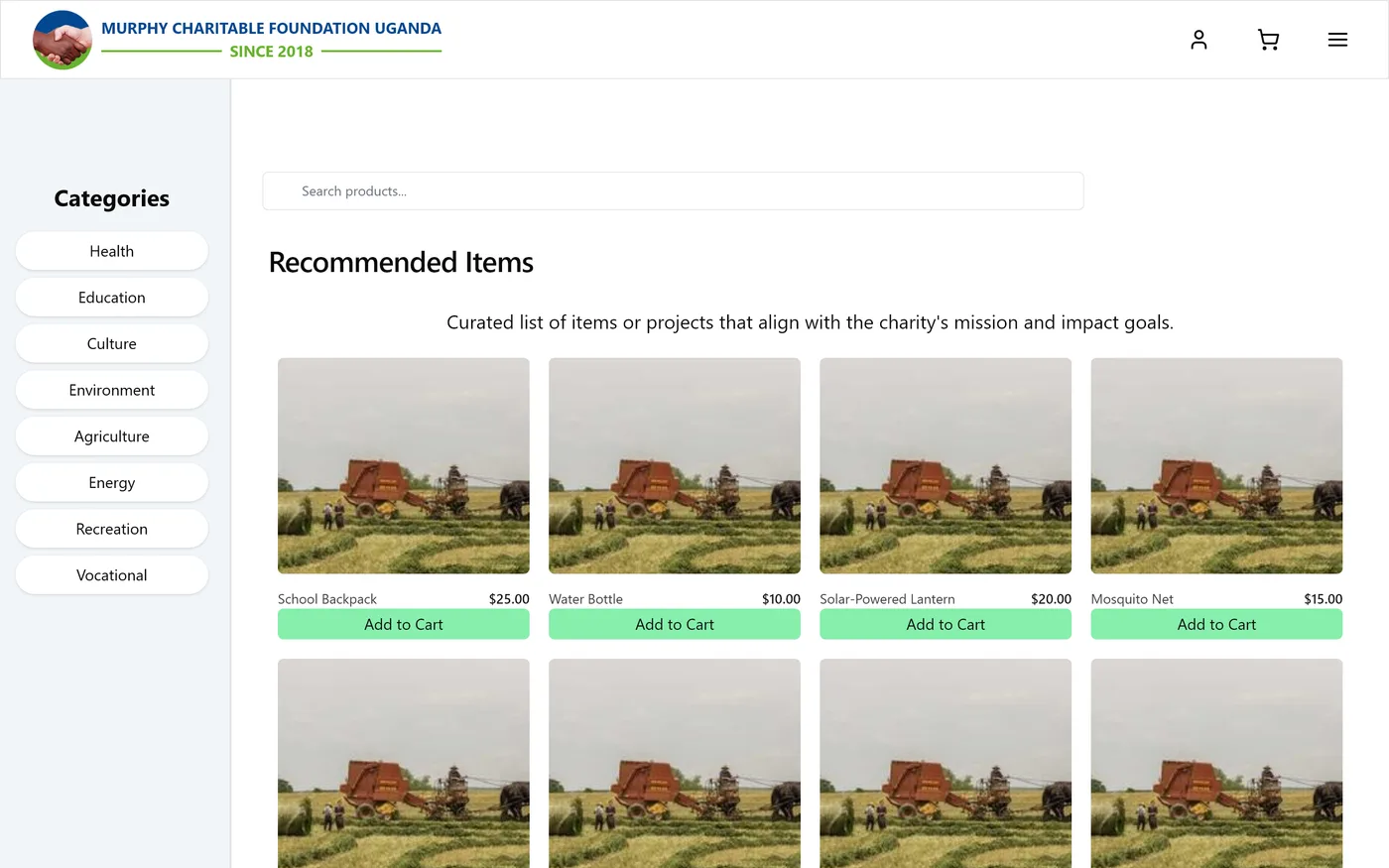 The Murphy storefront: a category sidebar listing Health, Education, Culture, Environment, Agriculture, Energy, Recreation and Vocational, a product search field, and a grid of product cards with prices and add-to-cart buttons.